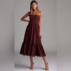 Azazie Atelier Delphina Strapless Dress in Floral Burnout Pattern Cabernet Color